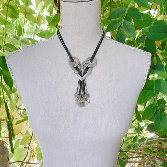 Chunky Chico’s Brutalist Statement Necklace Silver Tone Geometric Coin Tassels - Picture 7 of 14